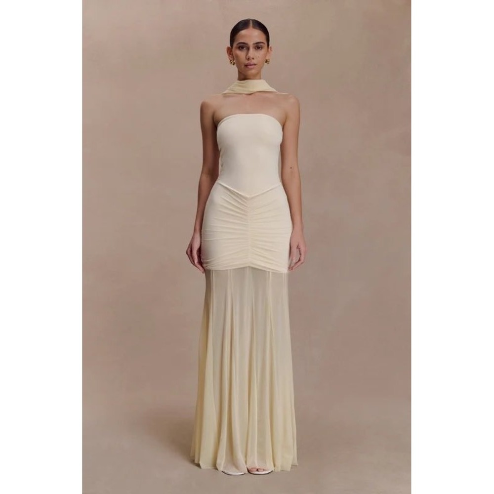 Meshki Vashti Strapless Ruched Maxi Dress Cream Yellow Sheer Pleated Skirt Small